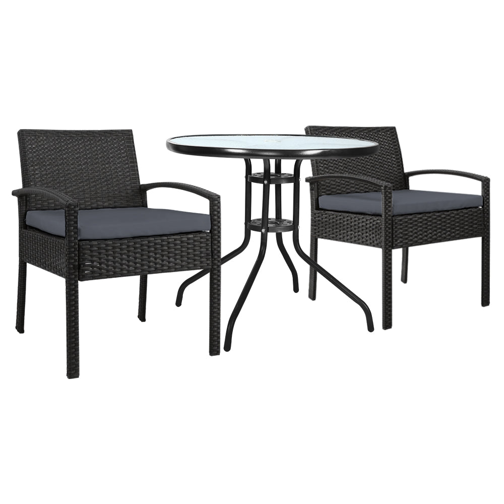 Rowan 3PC Bistro Set Outdoor Furniture Rattan Table Chairs Cushion Patio Garden Felix
