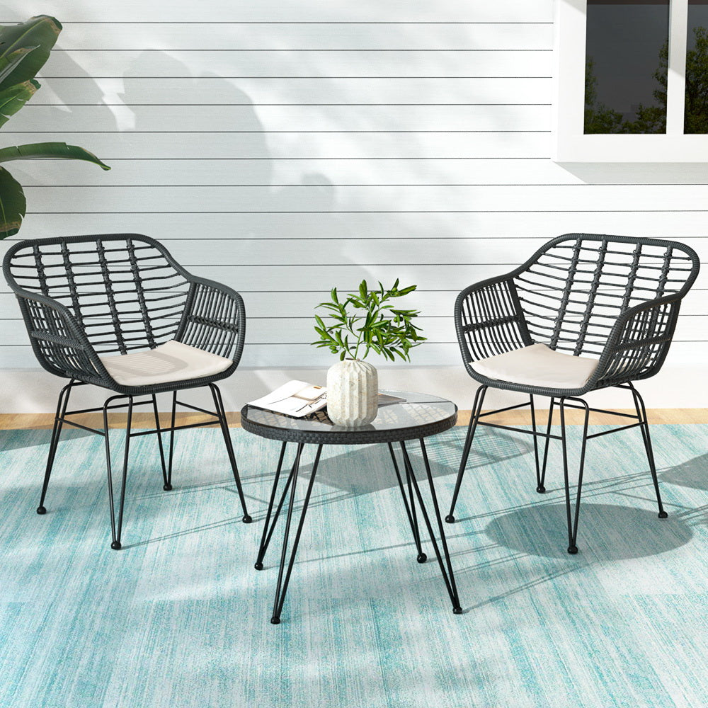 Linden 3PC Outdoor Furniture Bistro Set Lounge Setting Table Chairs Cushion Patio Grey