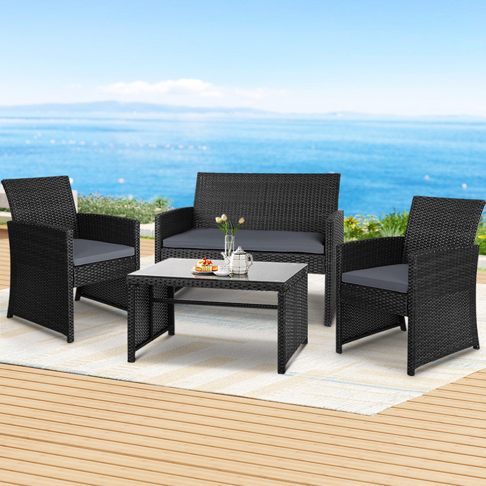Arlo 4 PCS Outdoor Sofa Set Rattan Chair Table Setting Garden Furniture Black