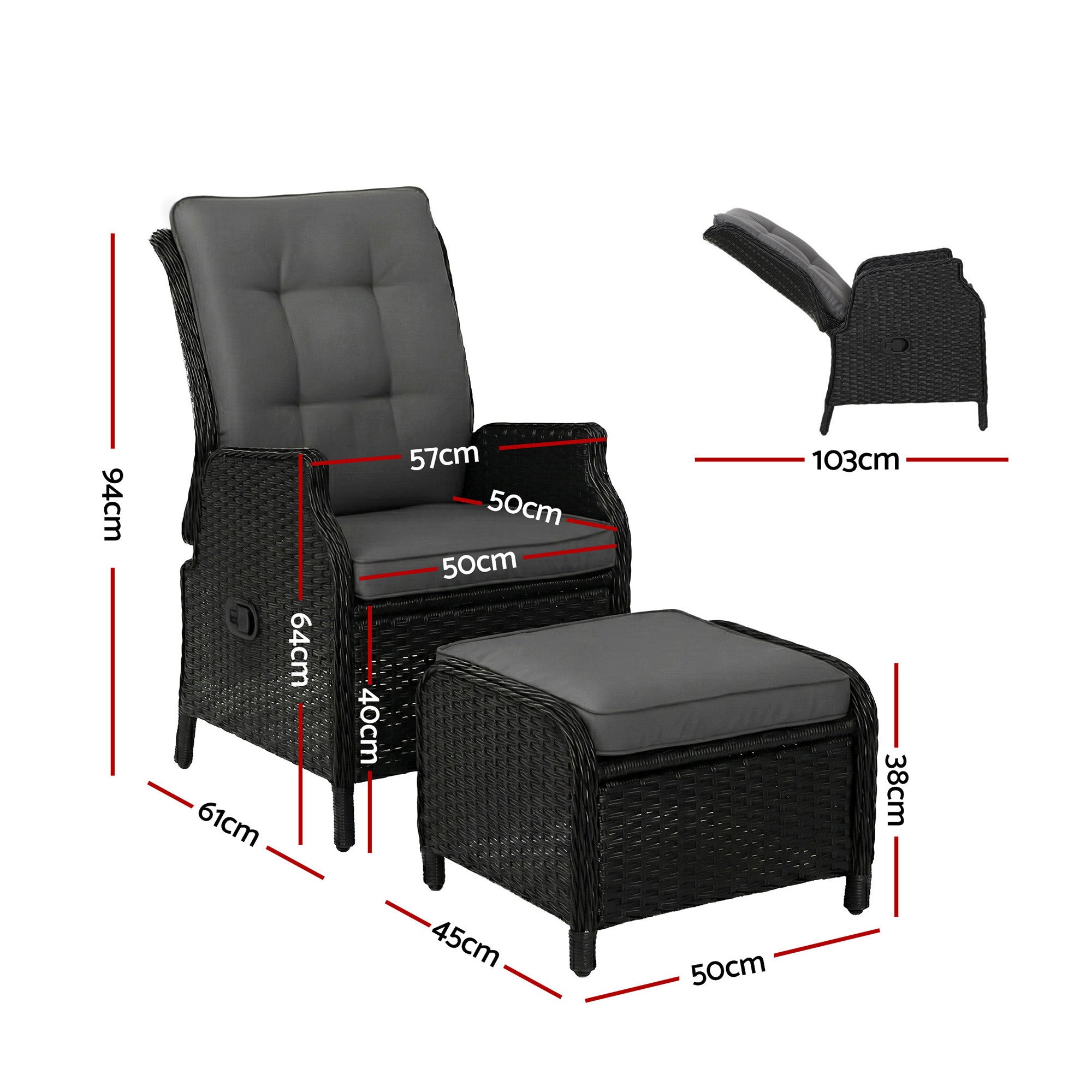 Serano Wicker Recliner with Ottoman – Black – Set of 2