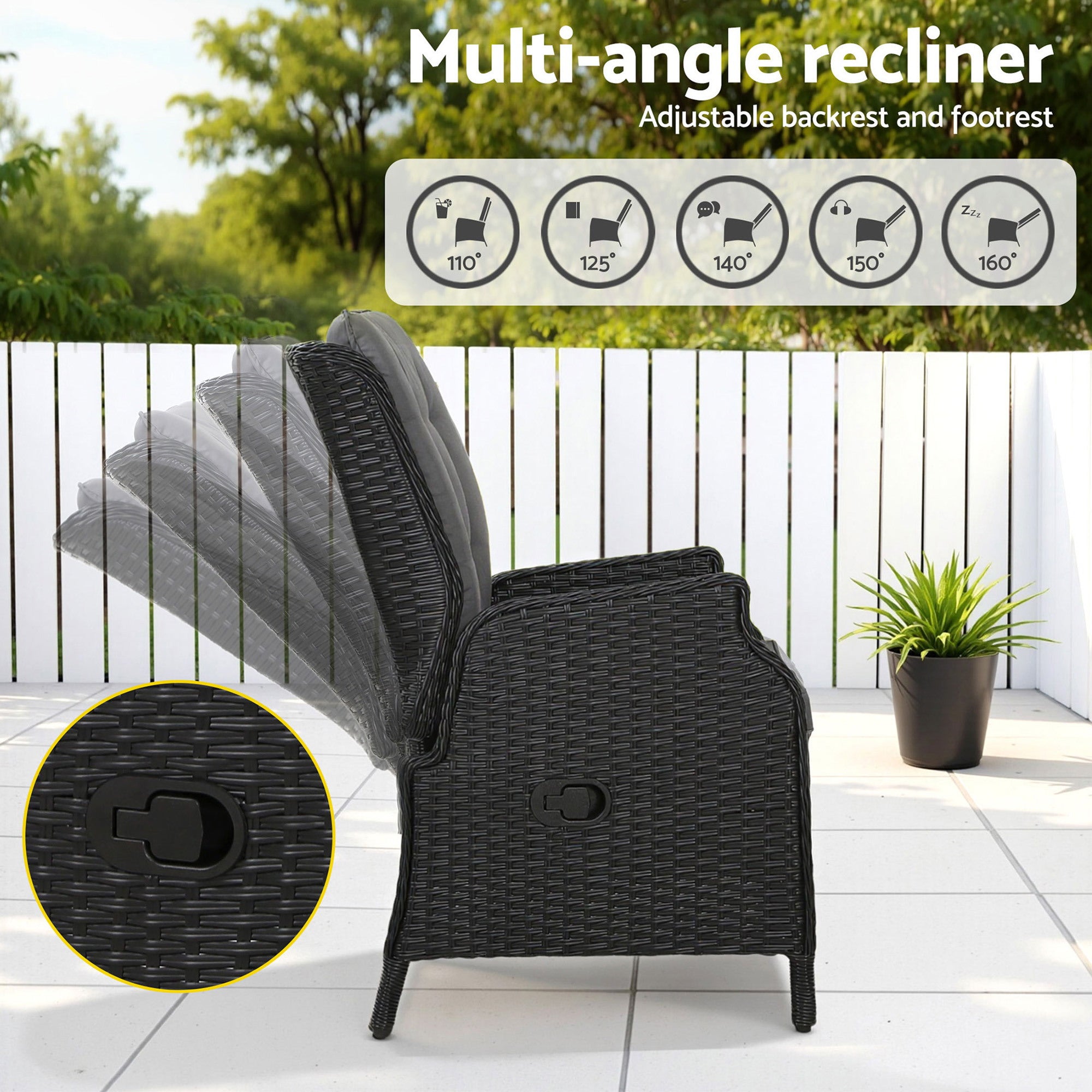 Serano Wicker Recliner with Ottoman – Black – Set of 2