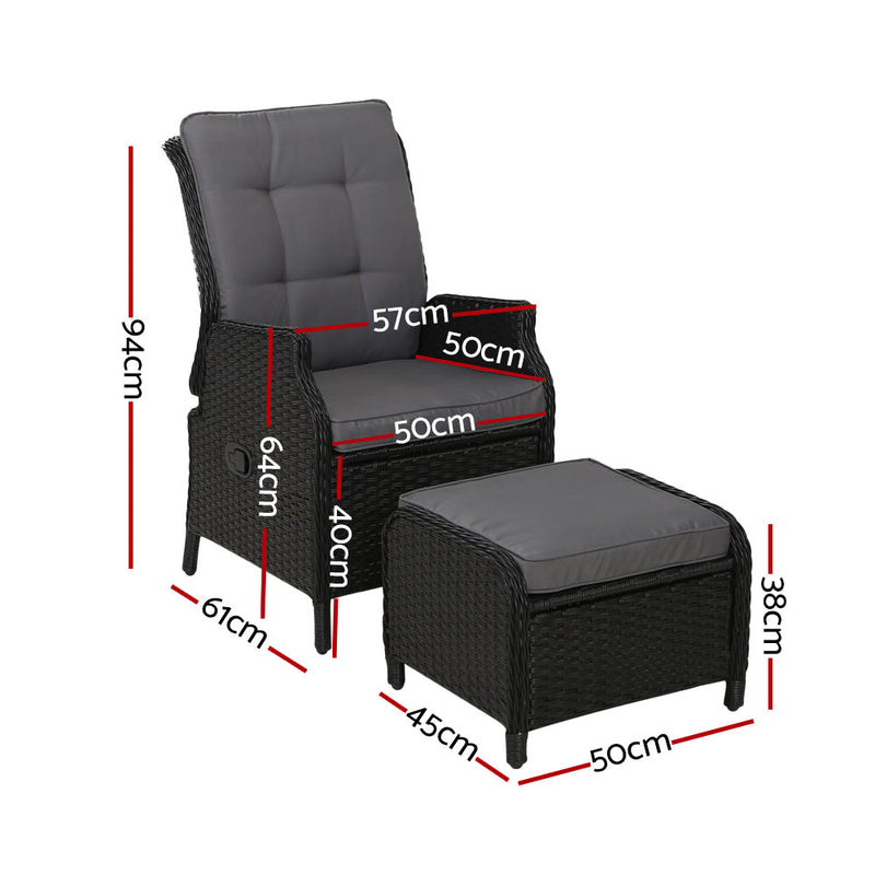 2-Piece Wicker Recliner Chair Set – Outdoor Loungers, Black
