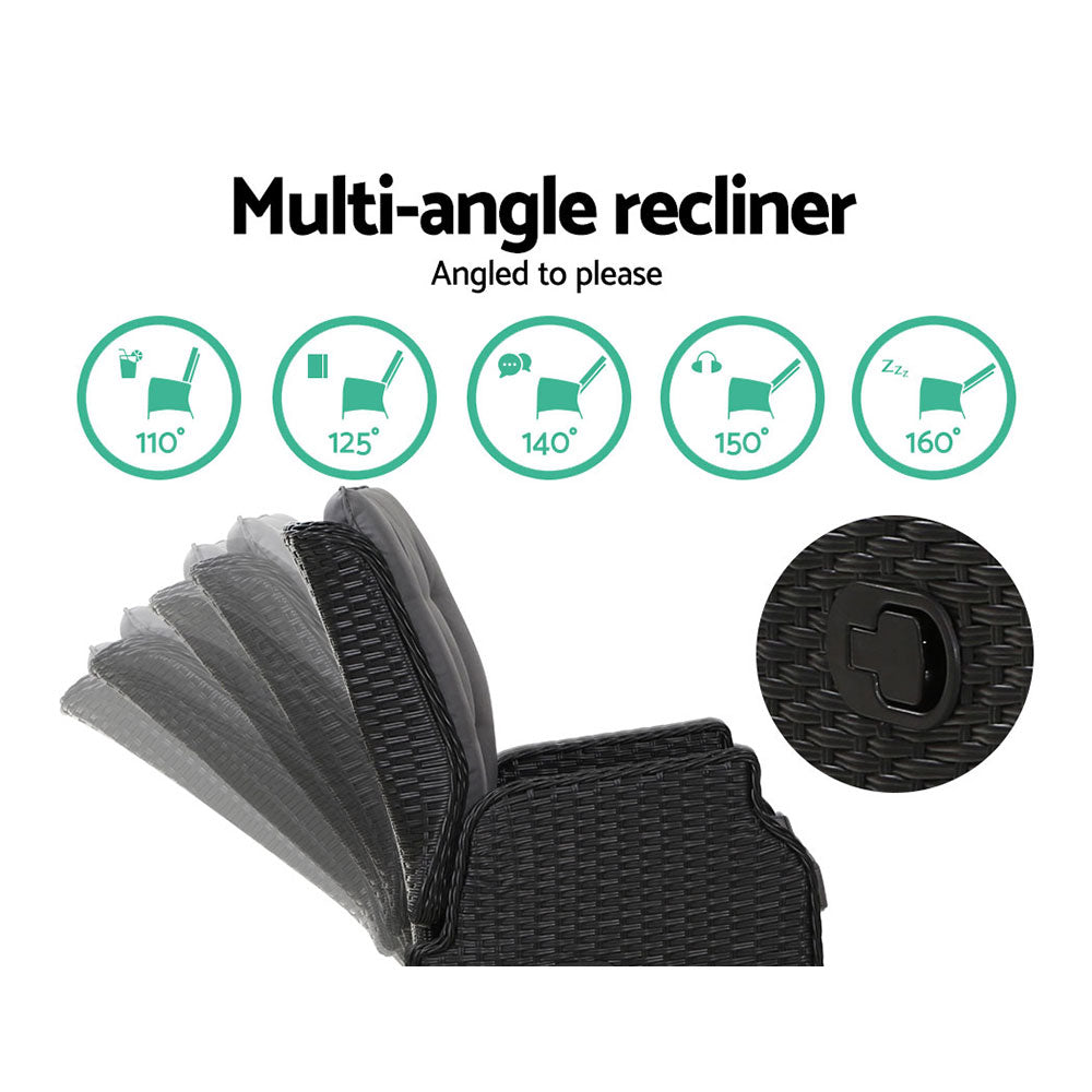 Valencia Outdoor Recliner Set with Table & Ottomans – Wicker Black – 5 Piece