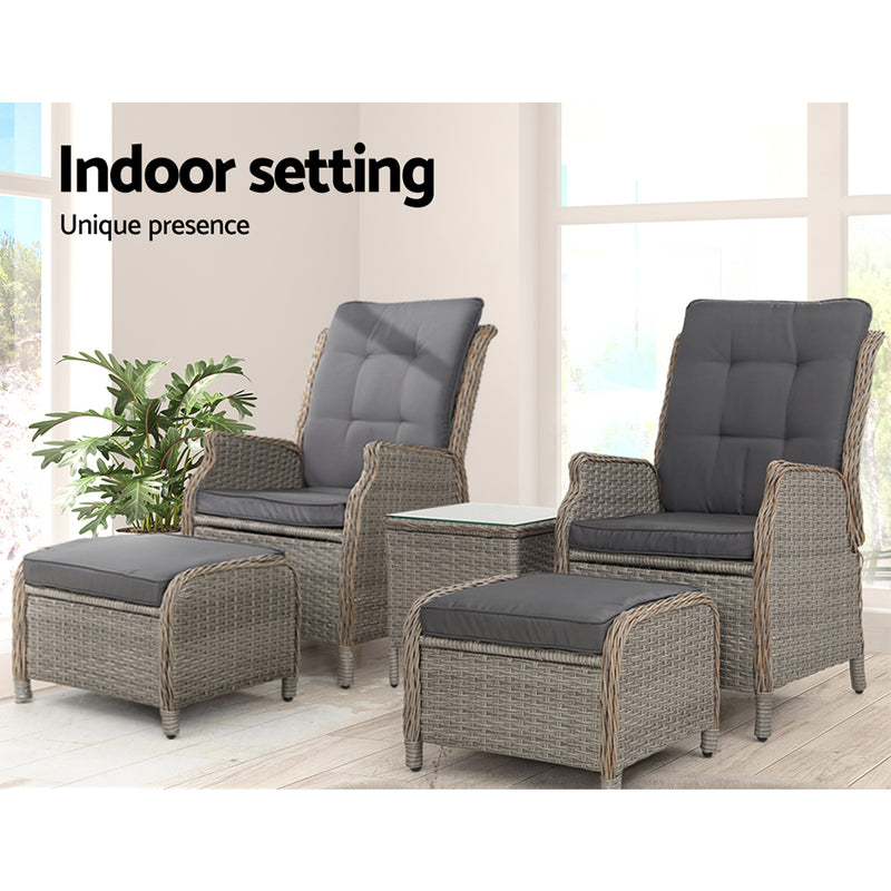 5-Piece Outdoor Recliner & Table Set – Wicker Furniture, Grey