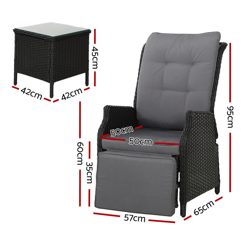 3-Piece Outdoor Recliner & Table Set – Wicker, Black Finish