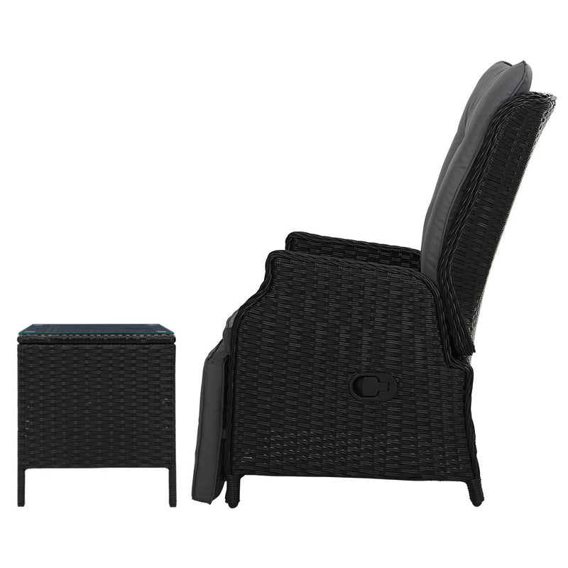 3-Piece Outdoor Recliner & Table Set – Wicker, Black Finish