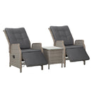 Rowan 3PC Recliner Chairs Table Sun lounge Outdoor Furniture Wicker Adjustable Grey