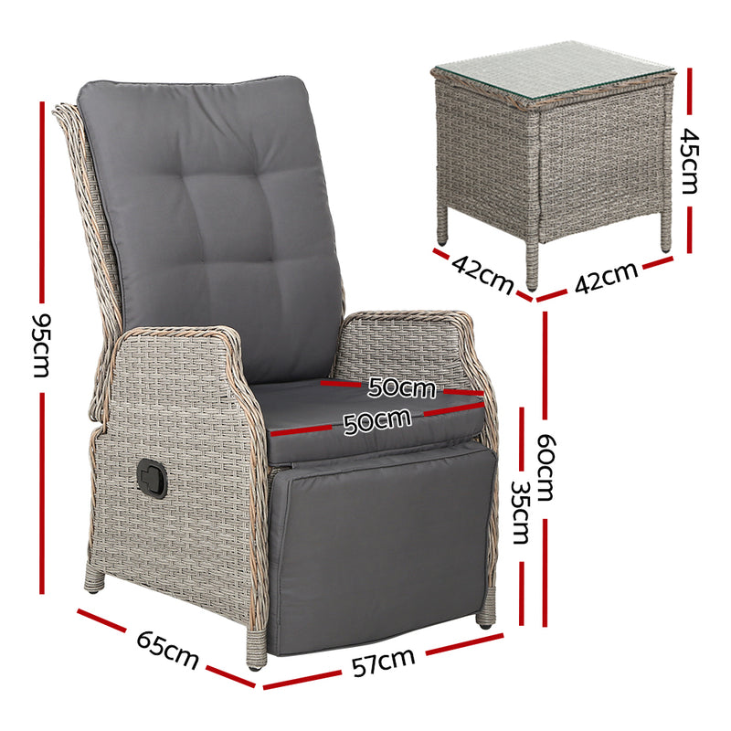 3-Piece Outdoor Recliner & Table Set – Wicker, Grey Finish