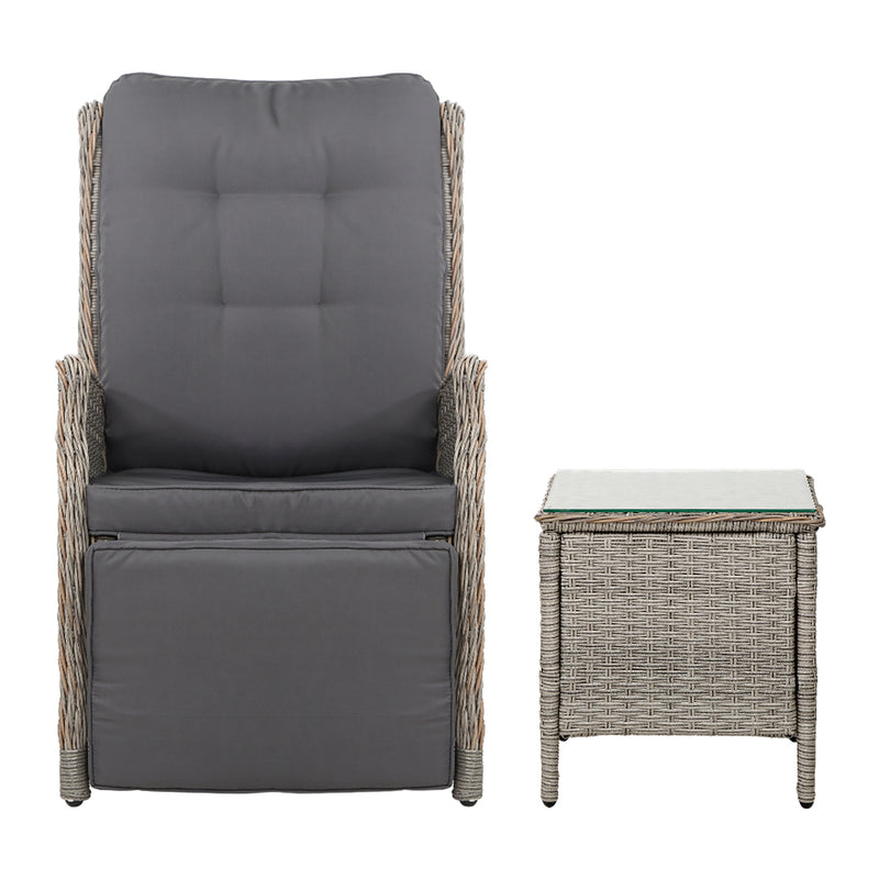 3-Piece Outdoor Recliner & Table Set – Wicker, Grey Finish