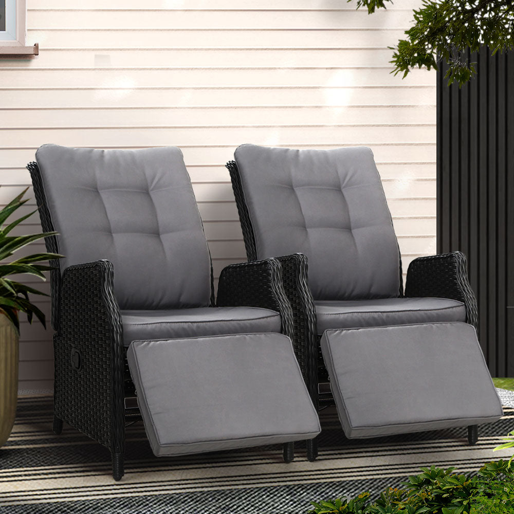 Arlo 2PC Recliner Chairs Sun lounge Wicker Lounger Outdoor Furniture Adjustable Black