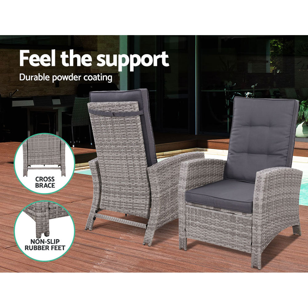 Coastal Adjustable Recliner Sun Lounge Set – Grey – Set of 2