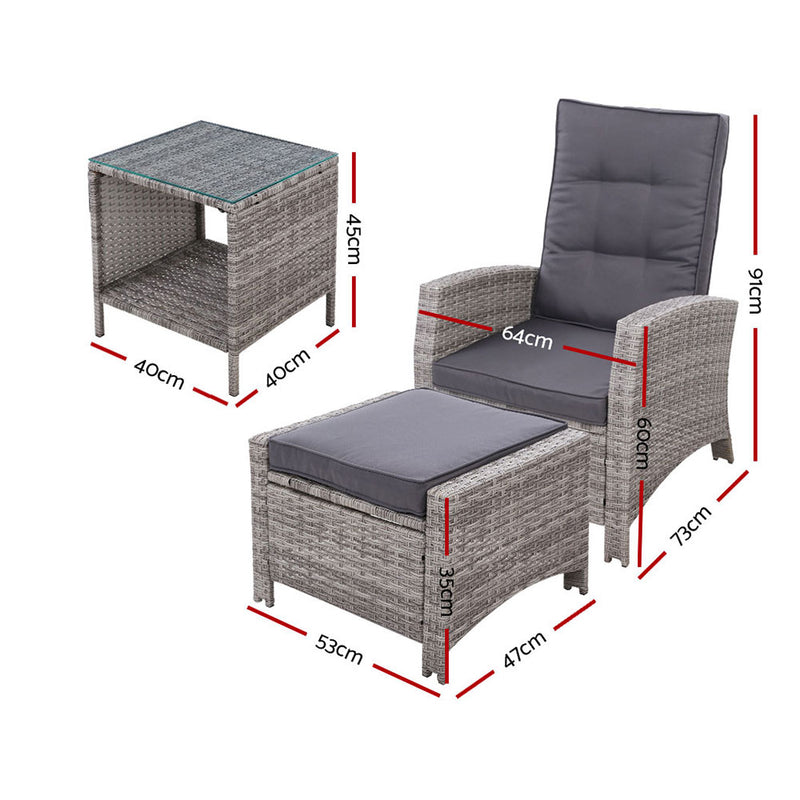 3 PC Adjustable Recliner Sunlounge - Grey