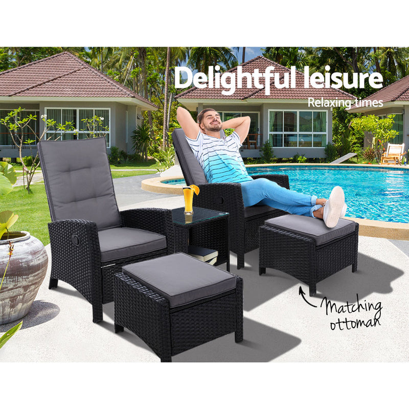 5 PC Adjustable Recliner Sun Lounge - Black