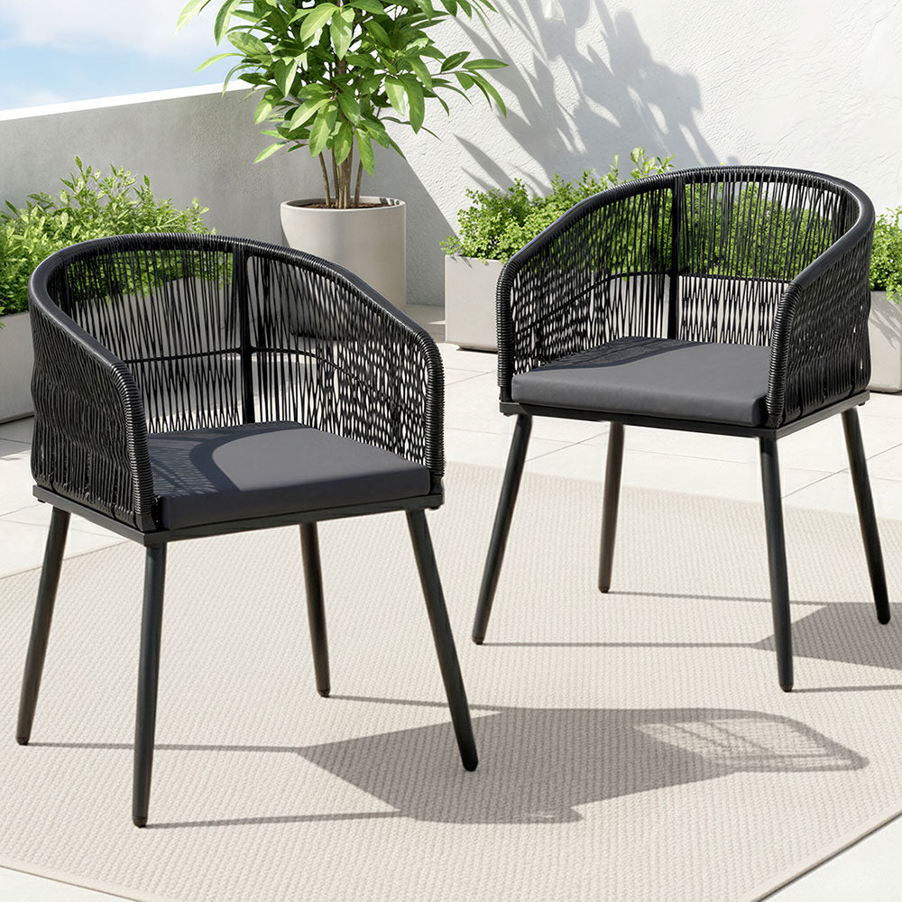Linden 2PC Outdoor Dining Chairs Wicker Chair Patio Furniture Garden Steel Black