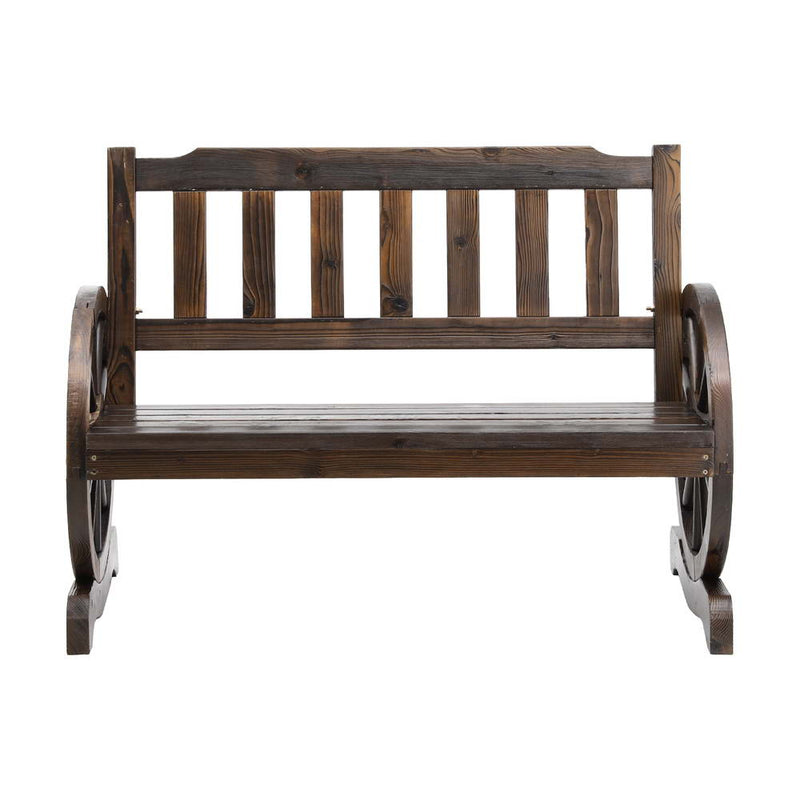 Wooden 2-Seater Garden Bench – Wagon Wheel Style, Brown