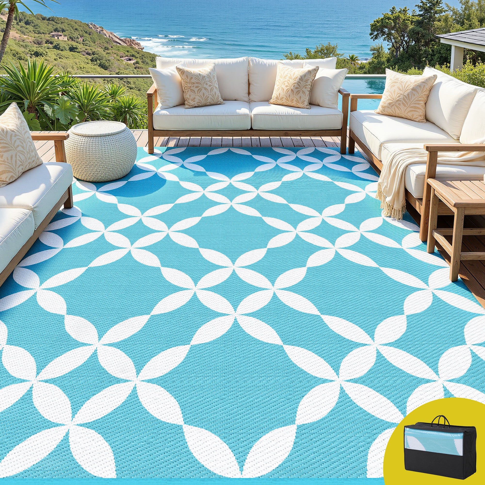 Outdoor Rugs Large Carpet Reversible Area Mat PP Dual - Sided Patio Rug Light Blue