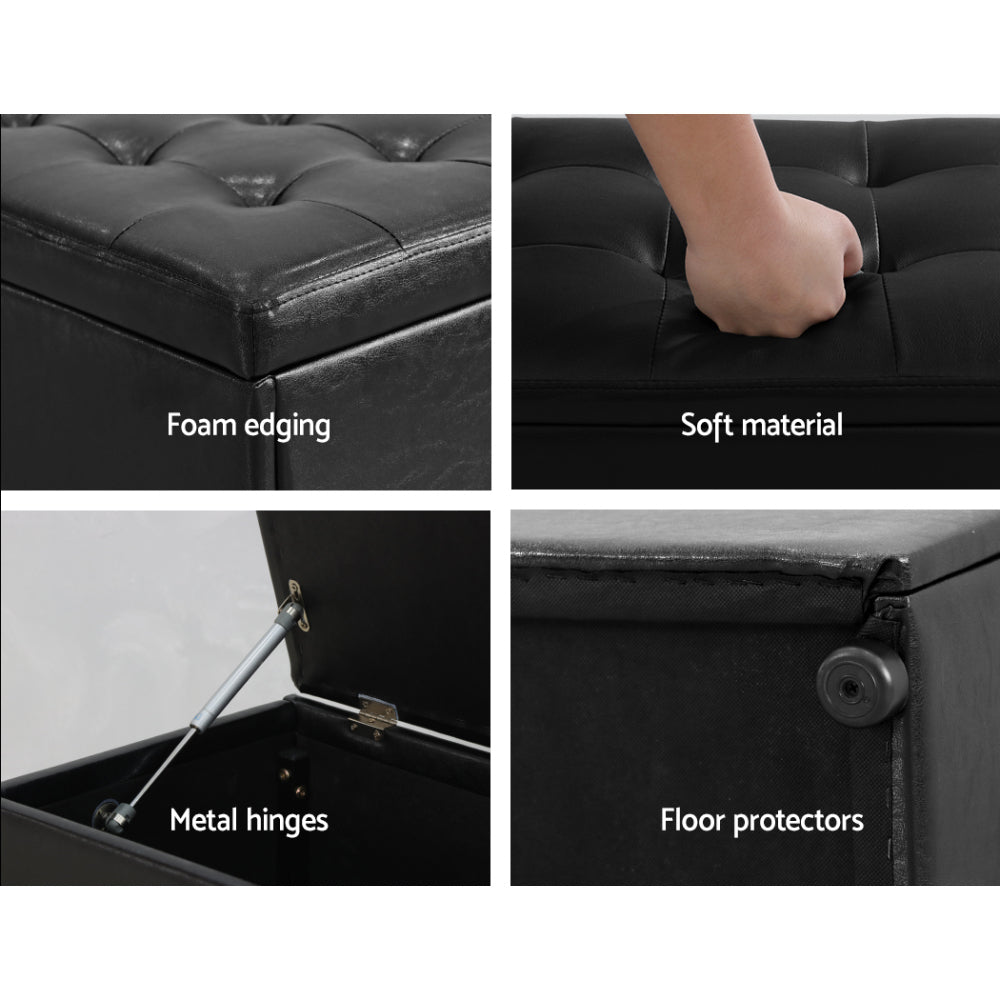 Cordova Leather Storage Ottoman – Black – 140 cm