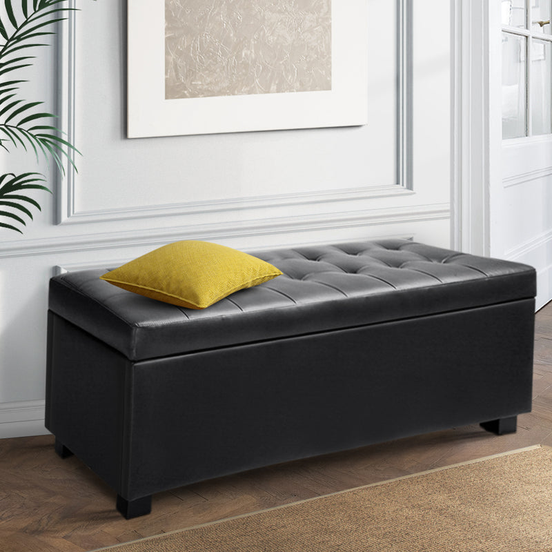 Blanket Storage Ottoman – Leather, 97cm Black