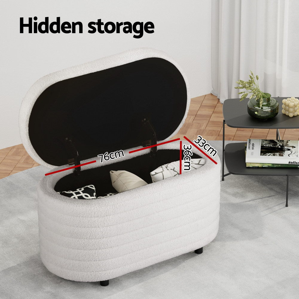 Bellaire Bouclé Storage Ottoman – White – Oval 87 cm