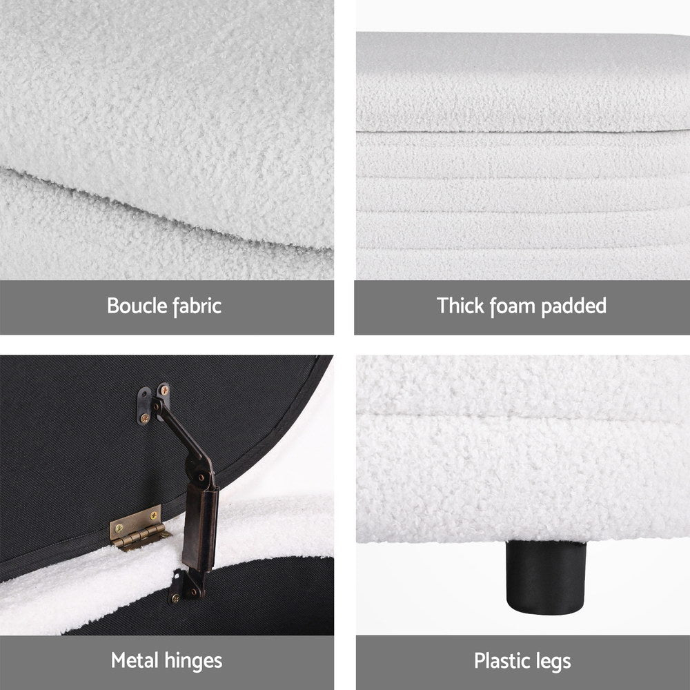 Bellaire Bouclé Storage Ottoman – White – Oval 87 cm