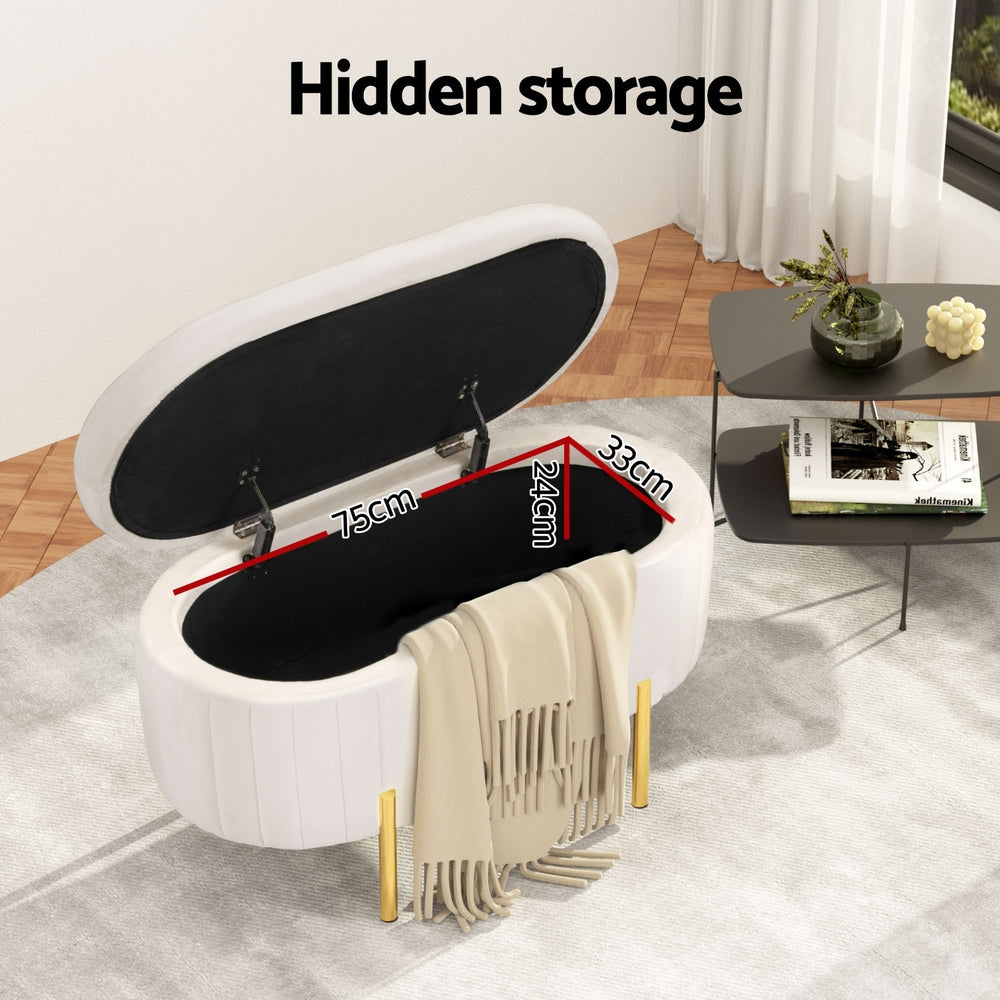 Elora Velvet Storage Ottoman – White – Oval 87 cm