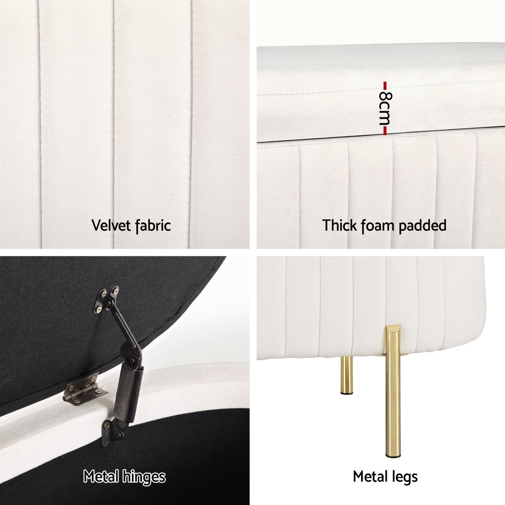 Elora Velvet Storage Ottoman – White – Oval 87 cm