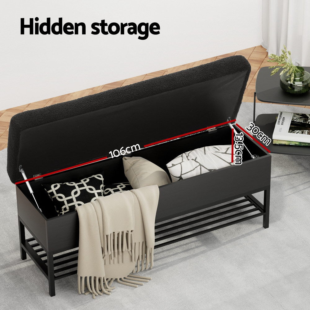 Ashford Bouclé Storage Ottoman with Shelf – Black – 110 cm