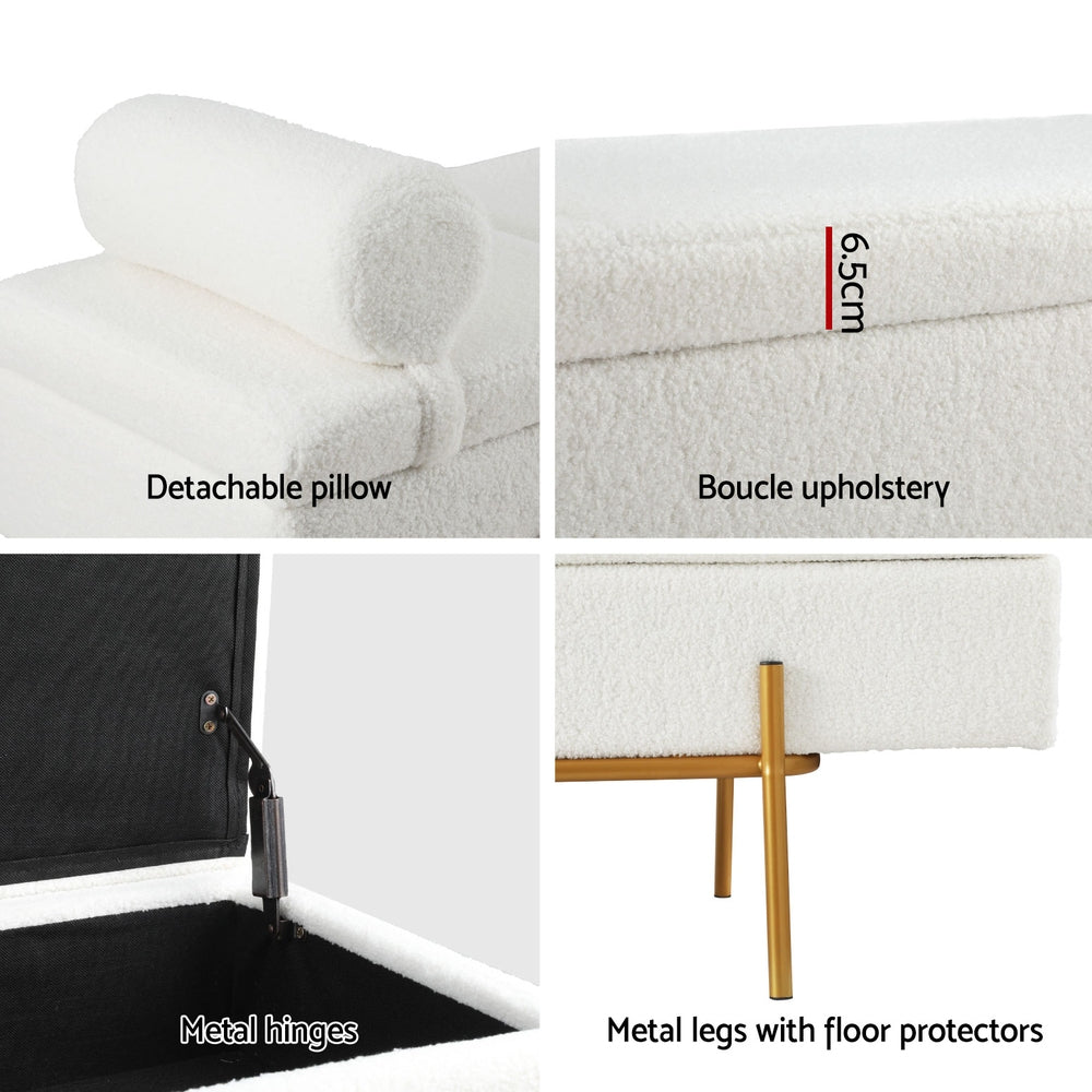 Serena Bouclé Bed Ottoman with Pillow – White – 140 cm