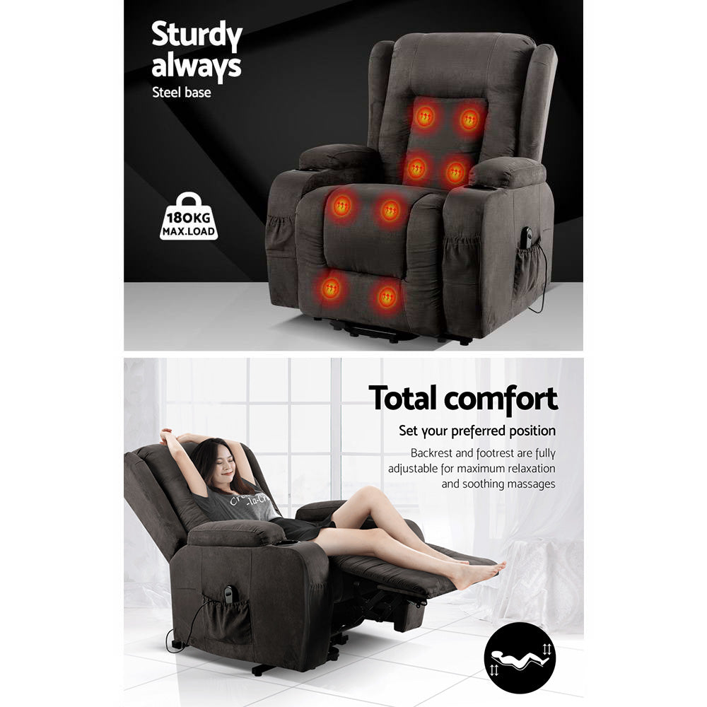 Alderon Lift Assist Heated Recliner Chair – Grey – Velvet