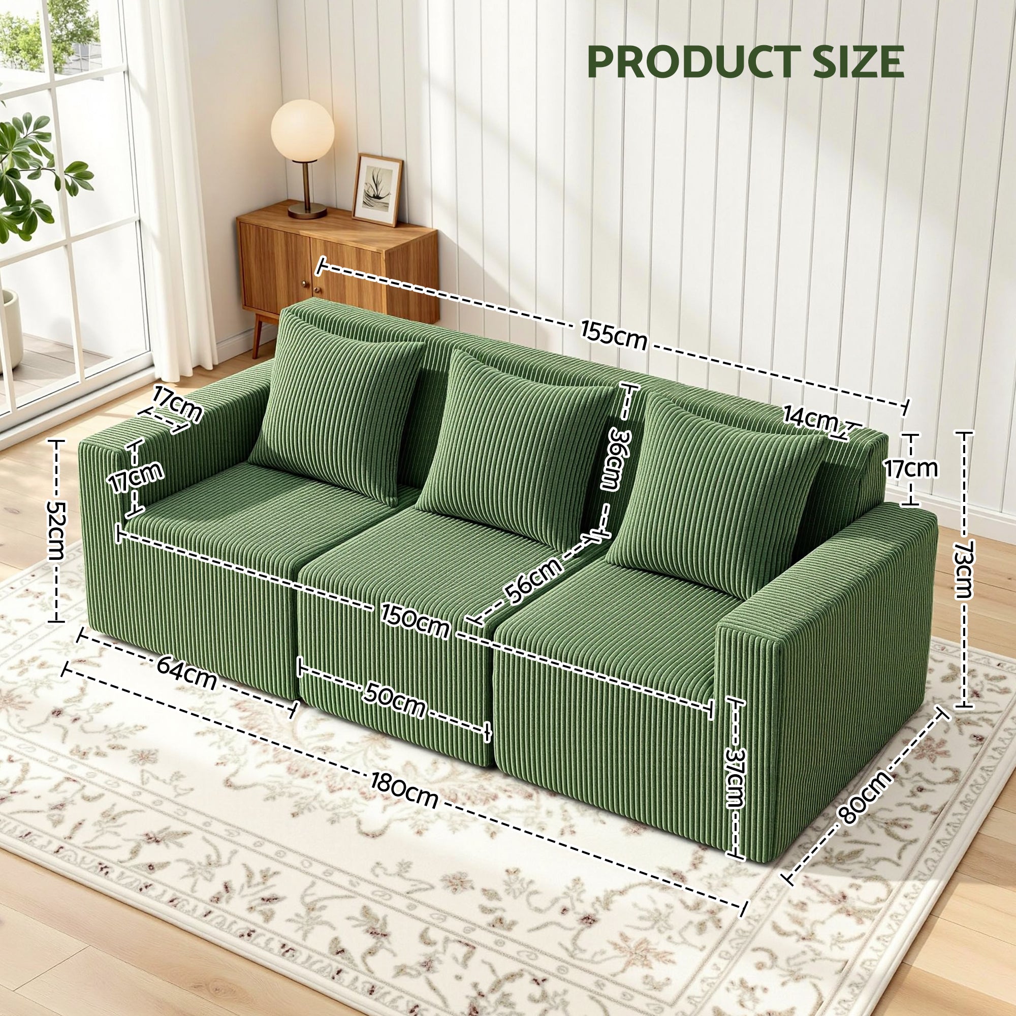 Aldara Modular Sectional Sofa – Green – 3 Seaters