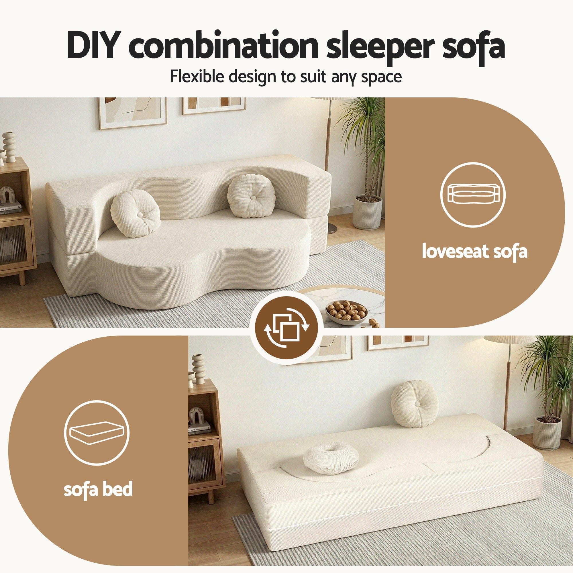 Bellara Convertible Sofa Bed – Beige / Cream – 2 Seater