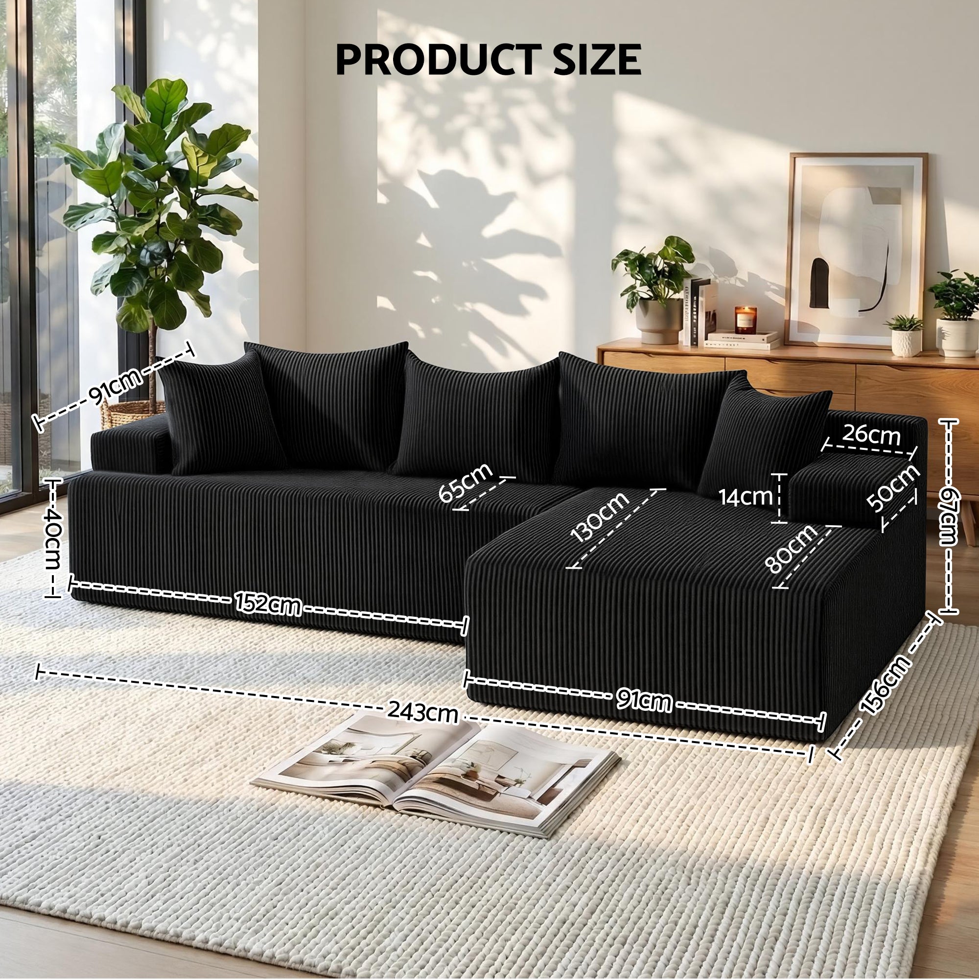 Nivara Modular L-Shaped Sofa – Black – 4 Seats & Above
