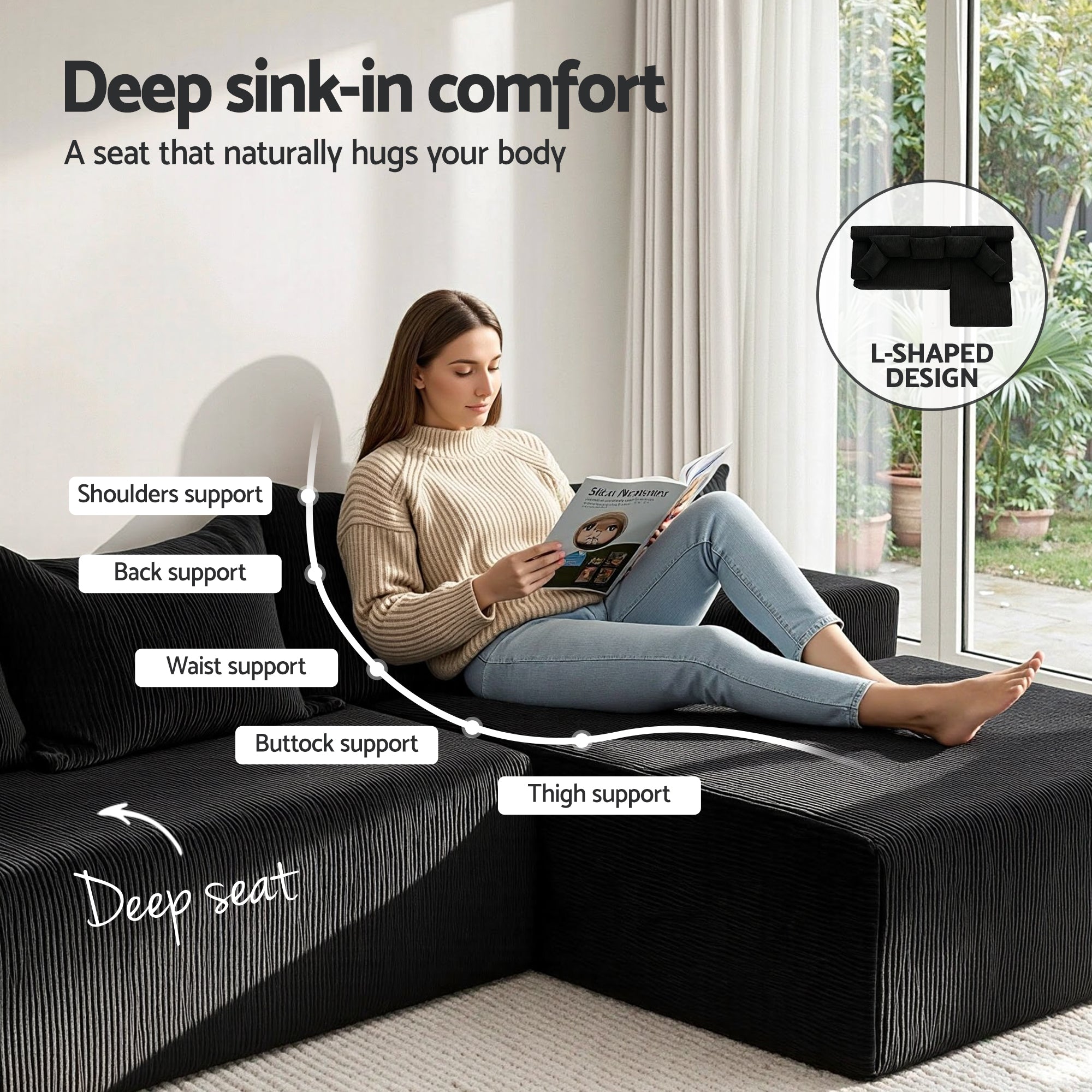 Nivara Modular L-Shaped Sofa – Black – 4 Seats & Above