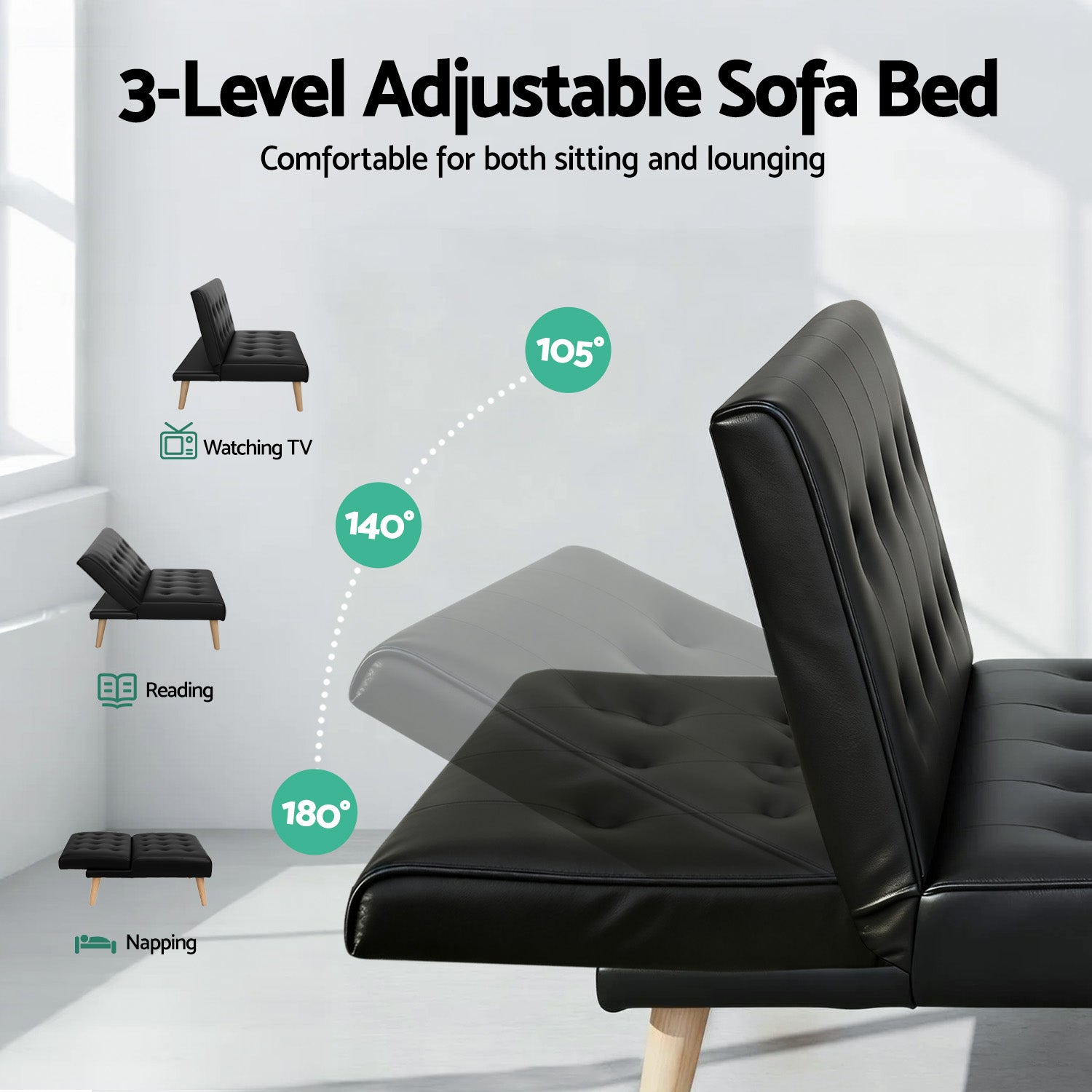 Meridian Recliner Sofa Bed – Black – Single Seater
