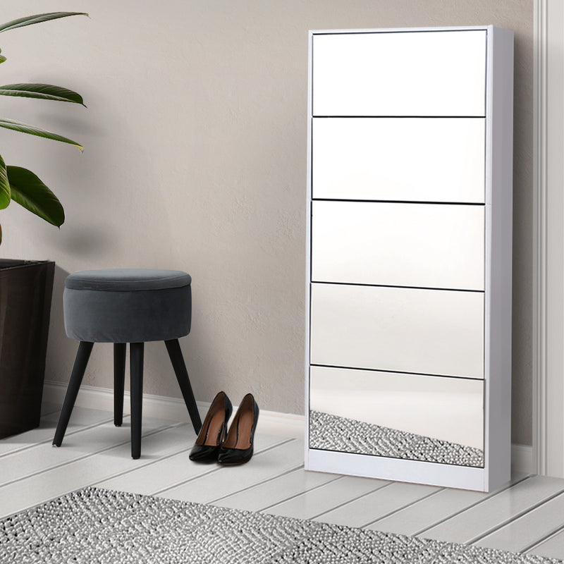 5 Drawer - Mirrored Wooden Shoe Cabinet - White