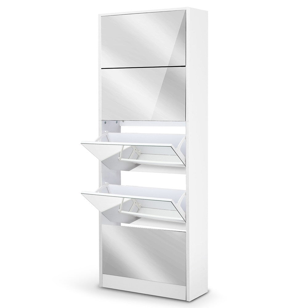 Miralux 5-Drawer Mirrored Shoe Cabinet – White – Large