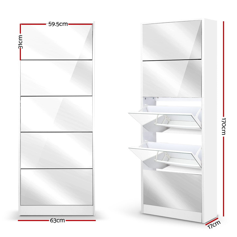 Miralux 5-Drawer Mirrored Shoe Cabinet – White – Large