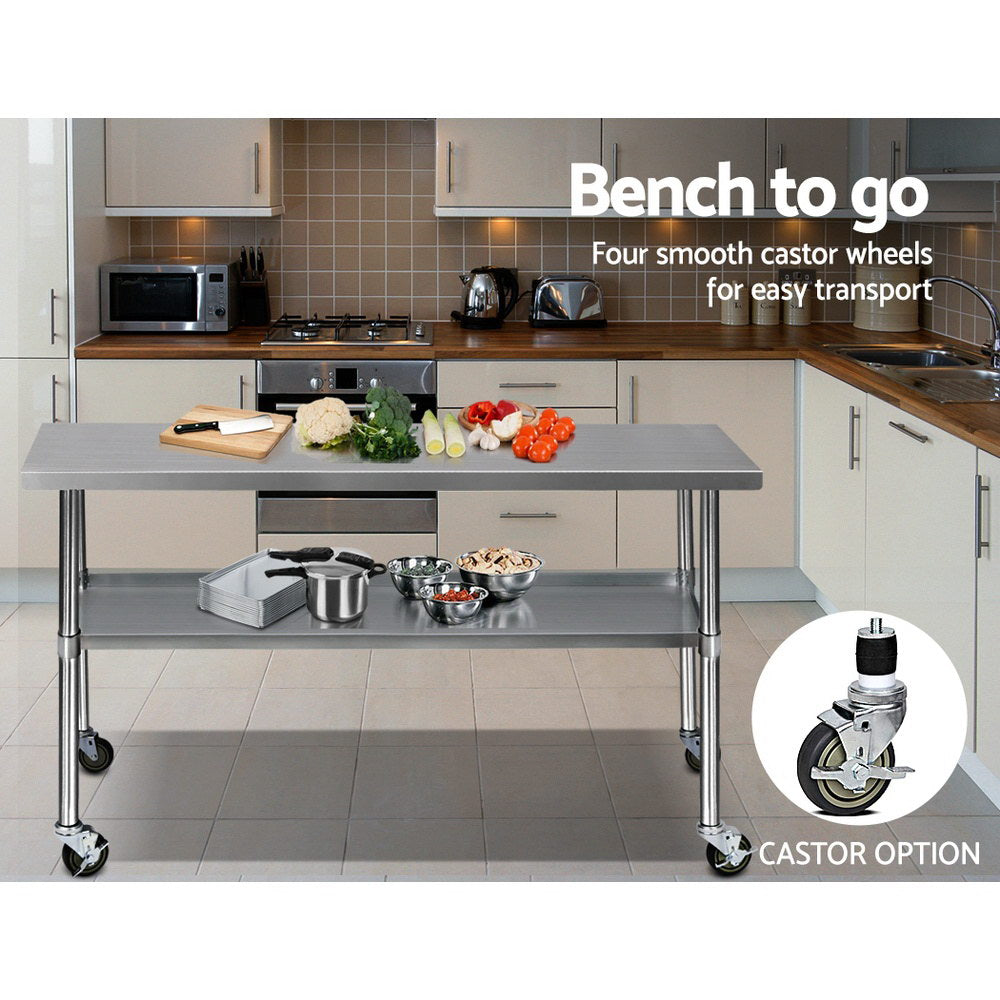 Halston Stainless Steel Kitchen Bench with Wheels – 1829x610mm