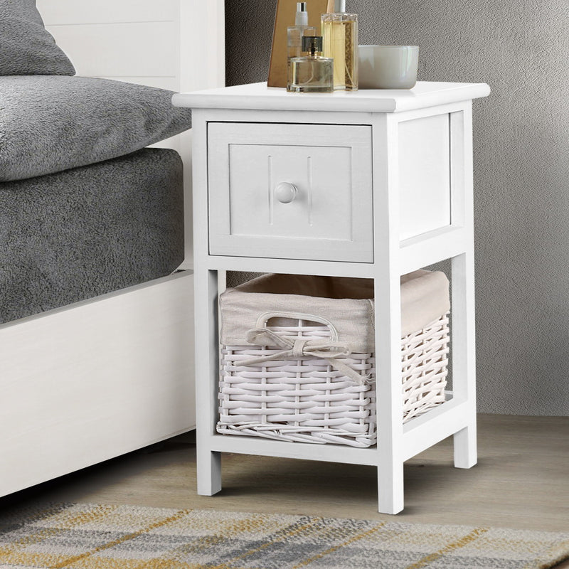 Set of 2 - Rustic Bedside Table Drawer with Basket - White