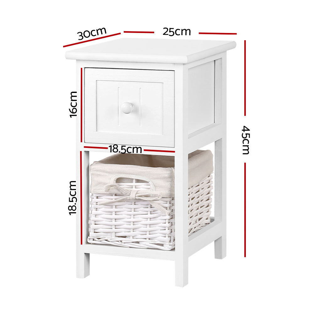 Callan Rustic Bedside Tables with Basket – White – Set of 2