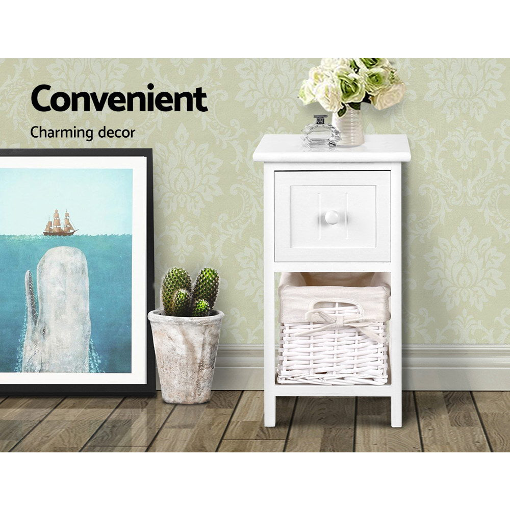 Callan Rustic Bedside Tables with Basket – White – Set of 2