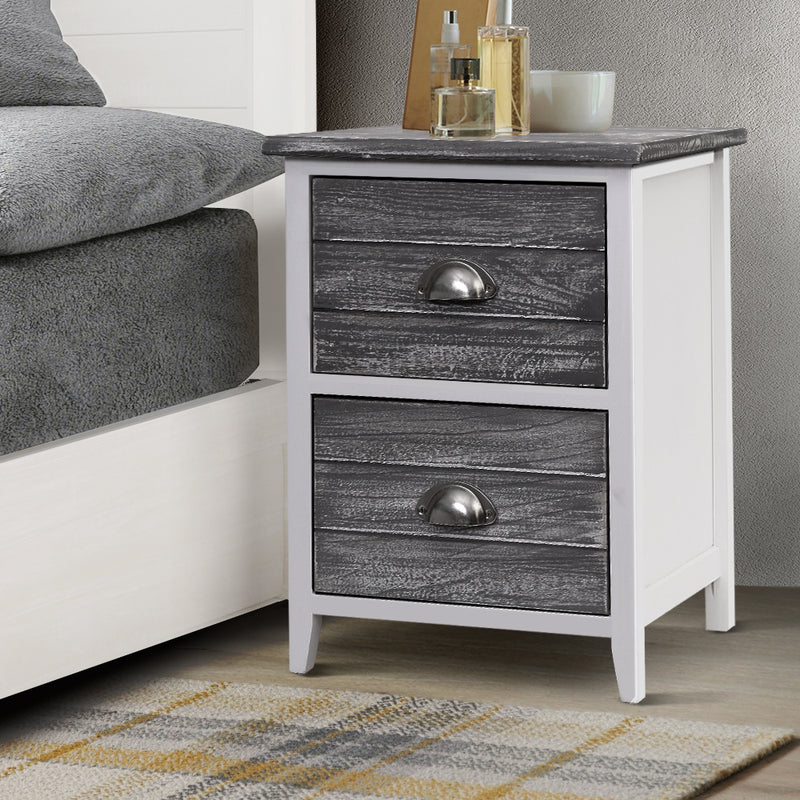 2 Drawers Vintage Bedside Table - Grey