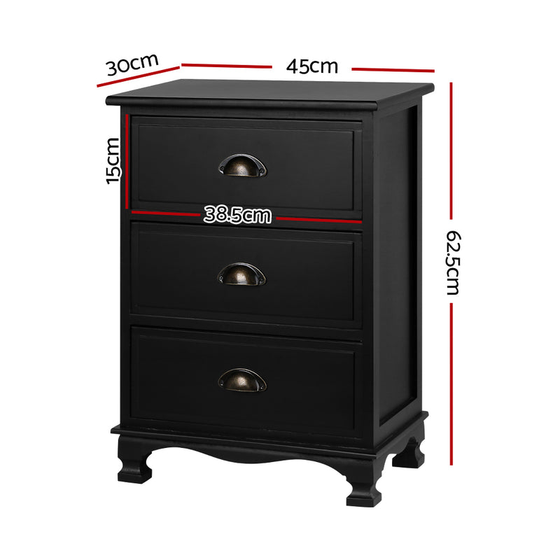 3 Drawers Vintage Bedside Table - Black