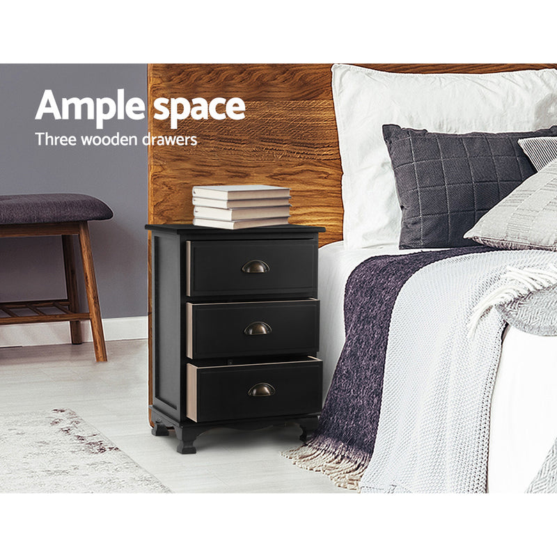 3 Drawers Vintage Bedside Table - Black