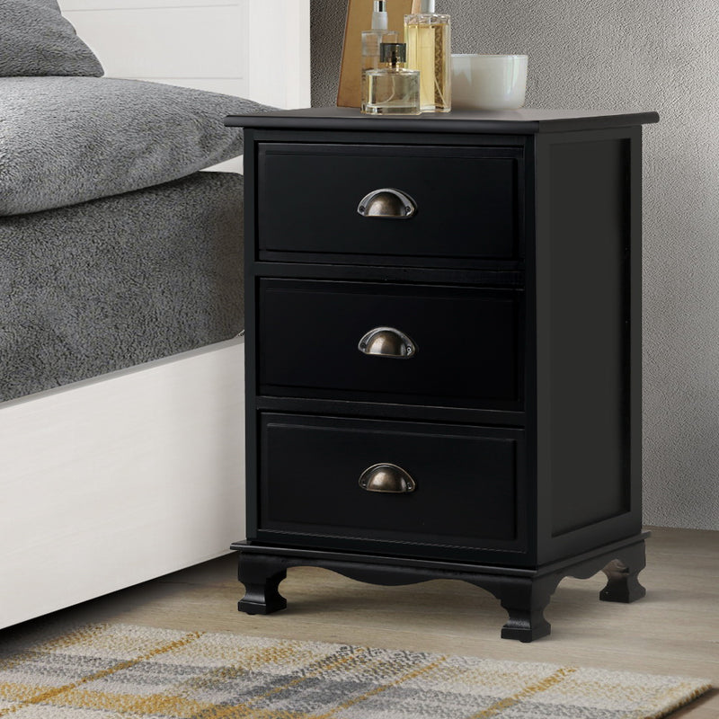 3 Drawers Vintage Bedside Table - Black