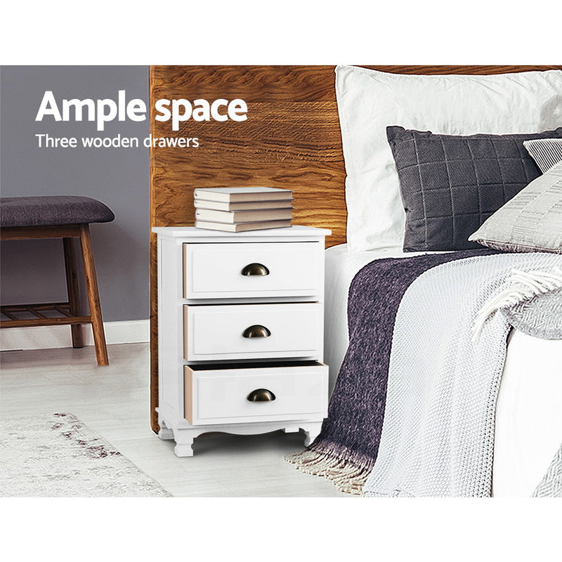 3 Drawers Vintage Bedside Table - White