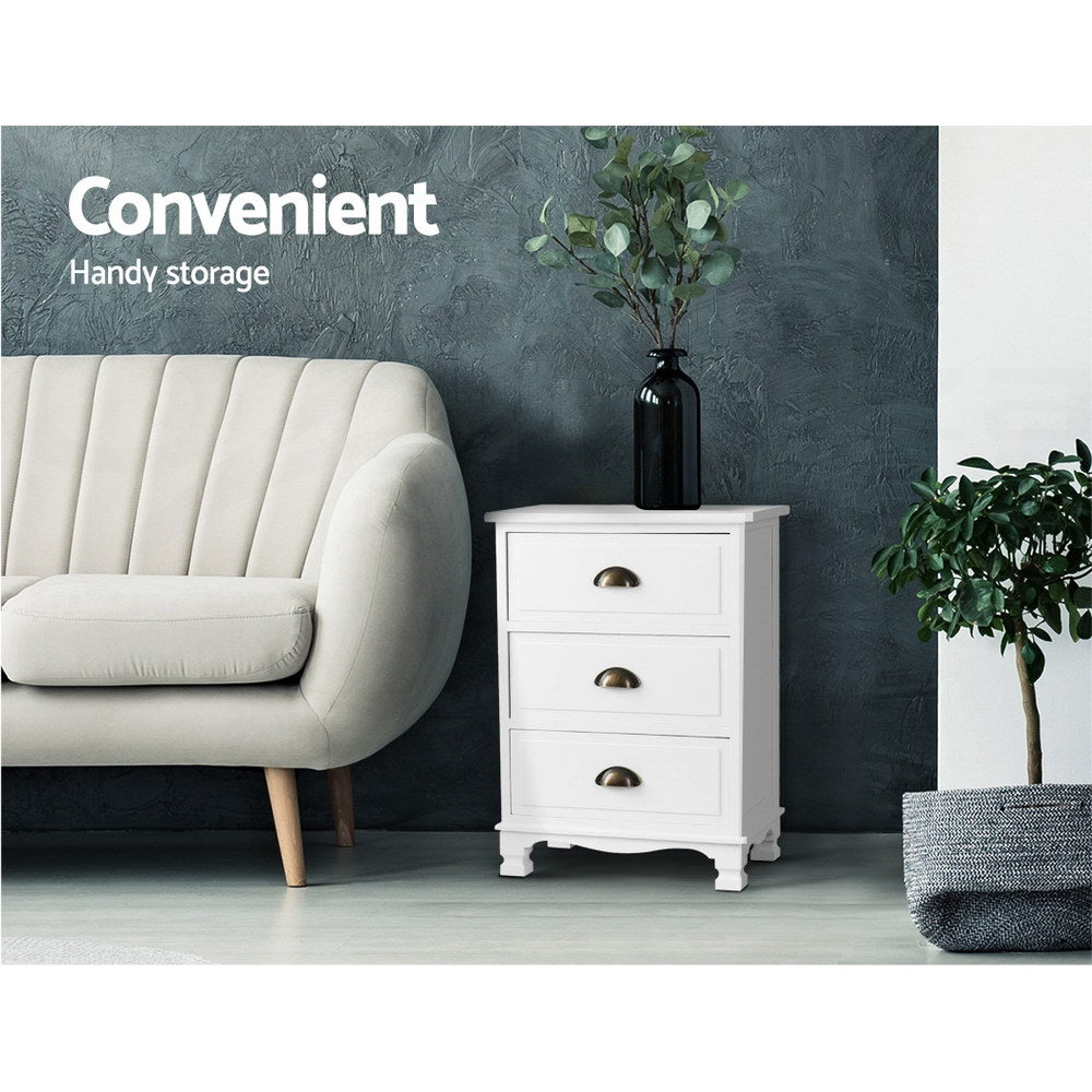 Cordelia Vintage Bedside Table – White – 3 Drawers