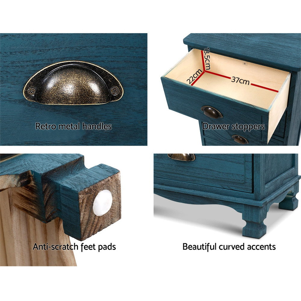 Marlowe Vintage Bedside Table – Blue – 3 Drawer