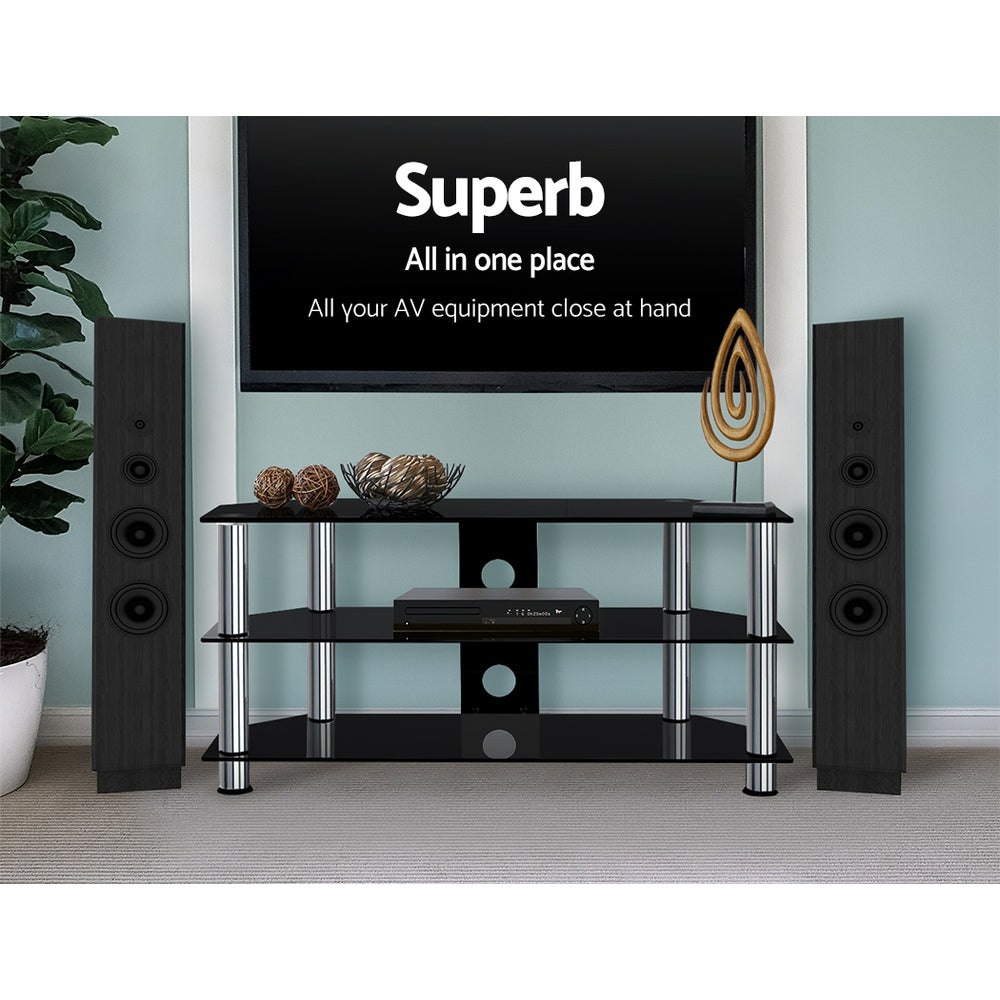 Cove TV Stand Entertainment Unit with 3 Glass Shelves – Black – Multi-tier