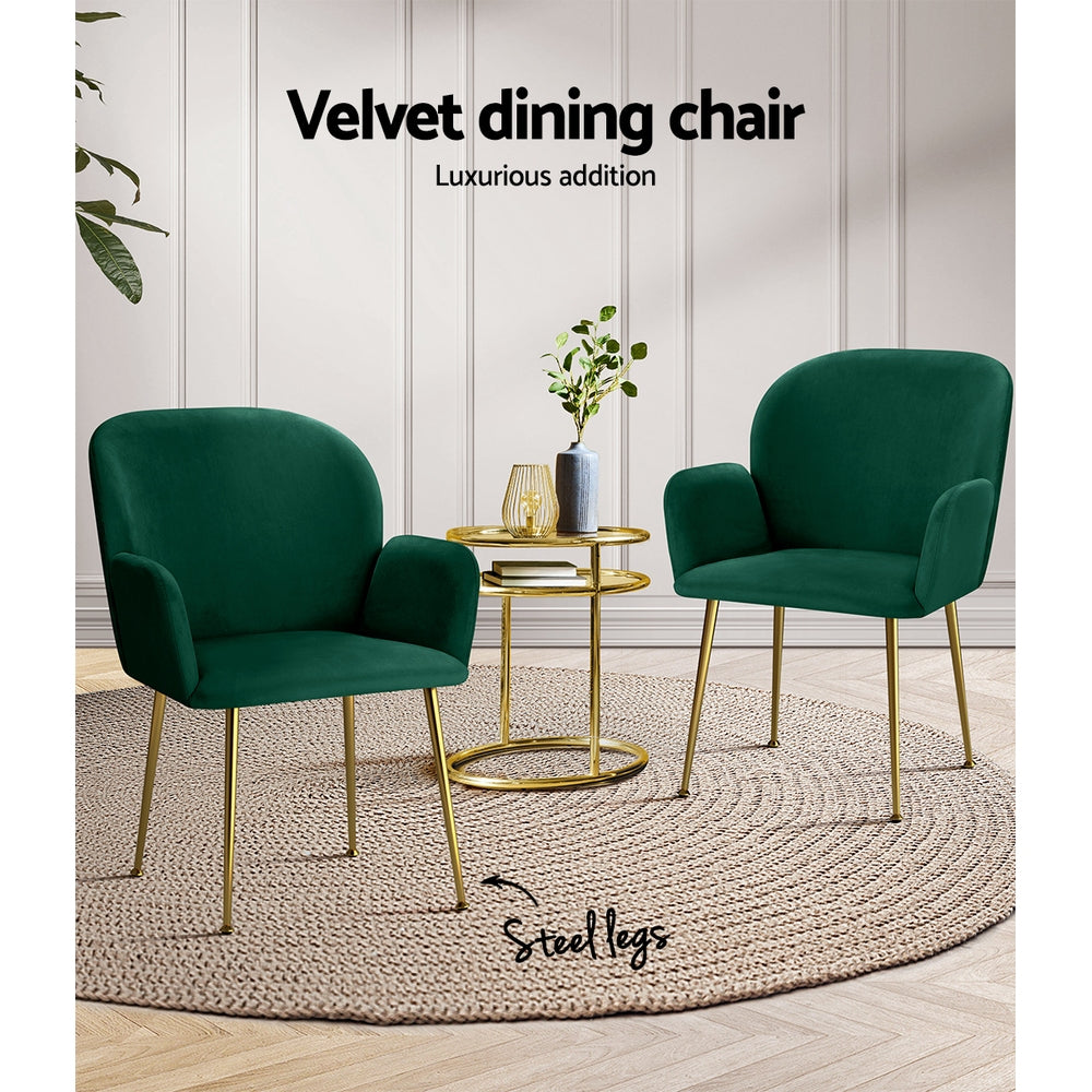 Kynsee Velvet Armchair Dining Chairs – Green – Set of 2